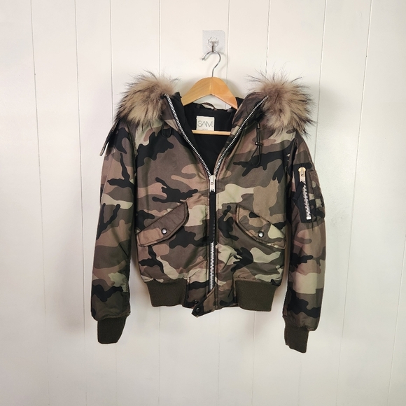 SAM. Green Camo Bomber Insulated Jacket Racoon Fur Trim Size XS Winter Coat - Picture 10 of 14